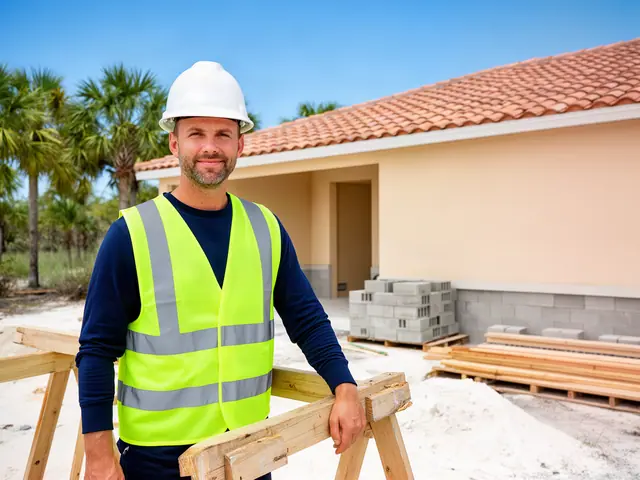 A builder in a hard hat and safety vest on a home construction site.