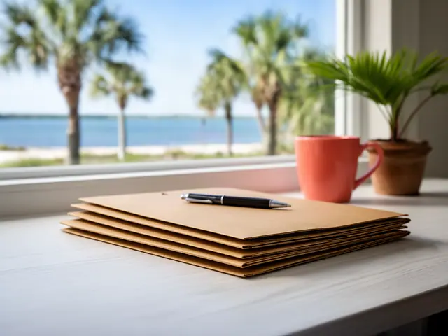 A neat stack of closed manila folders and a pen on a desk by a window.